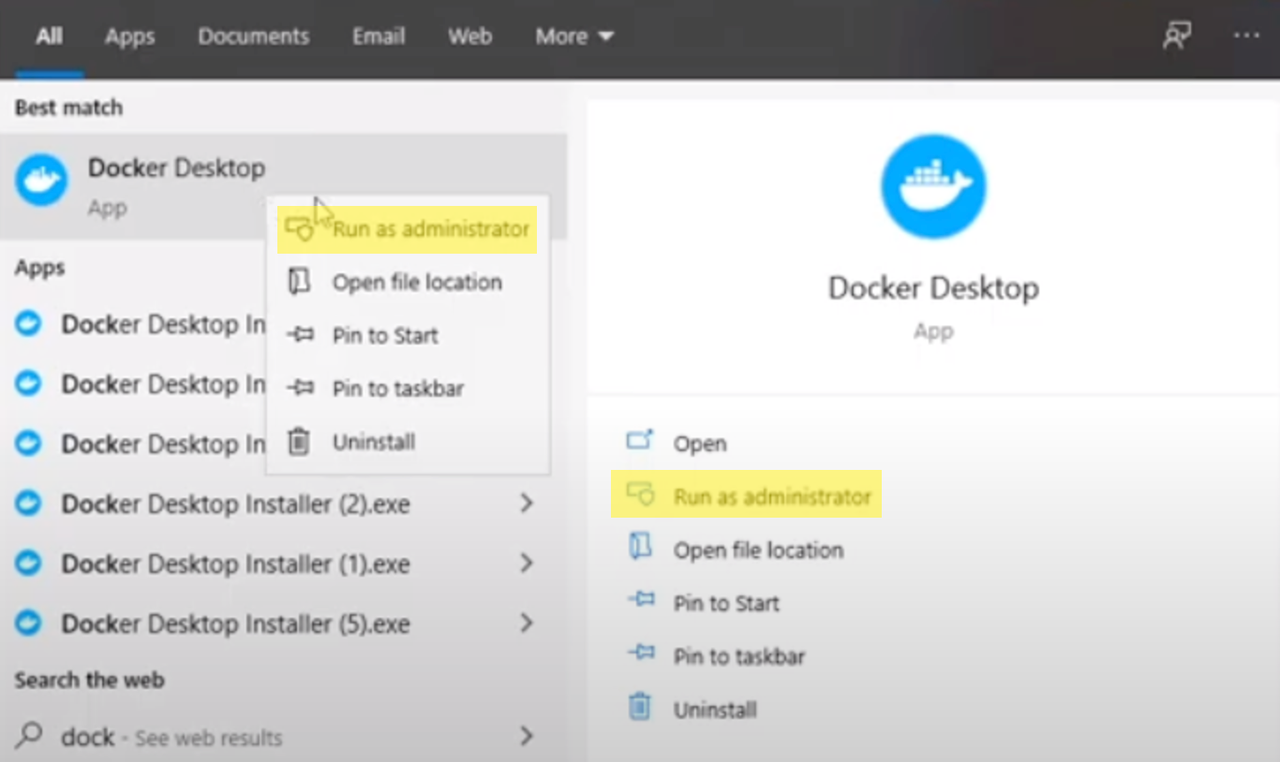 Start Docker Desktop as Administrator