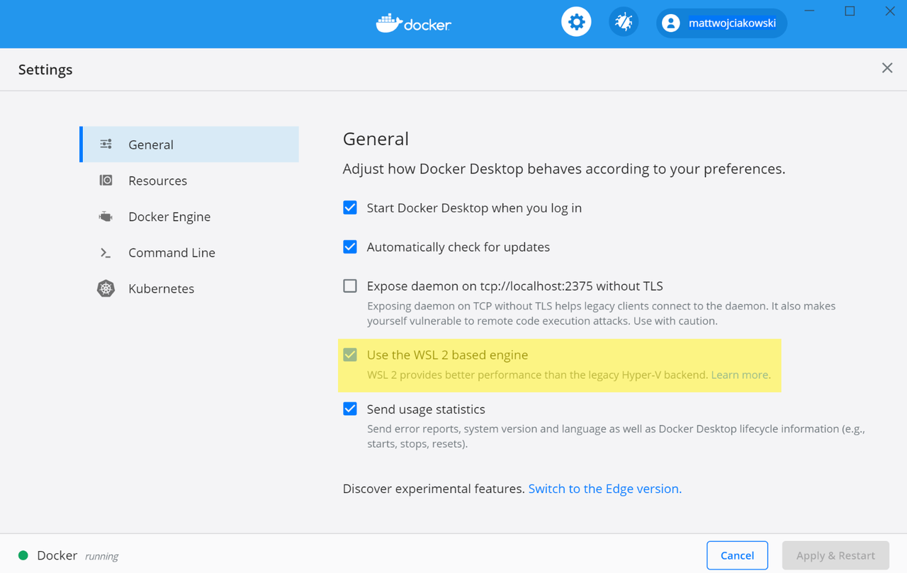Use the WSL 2 based engine in Docker Desktop Settings