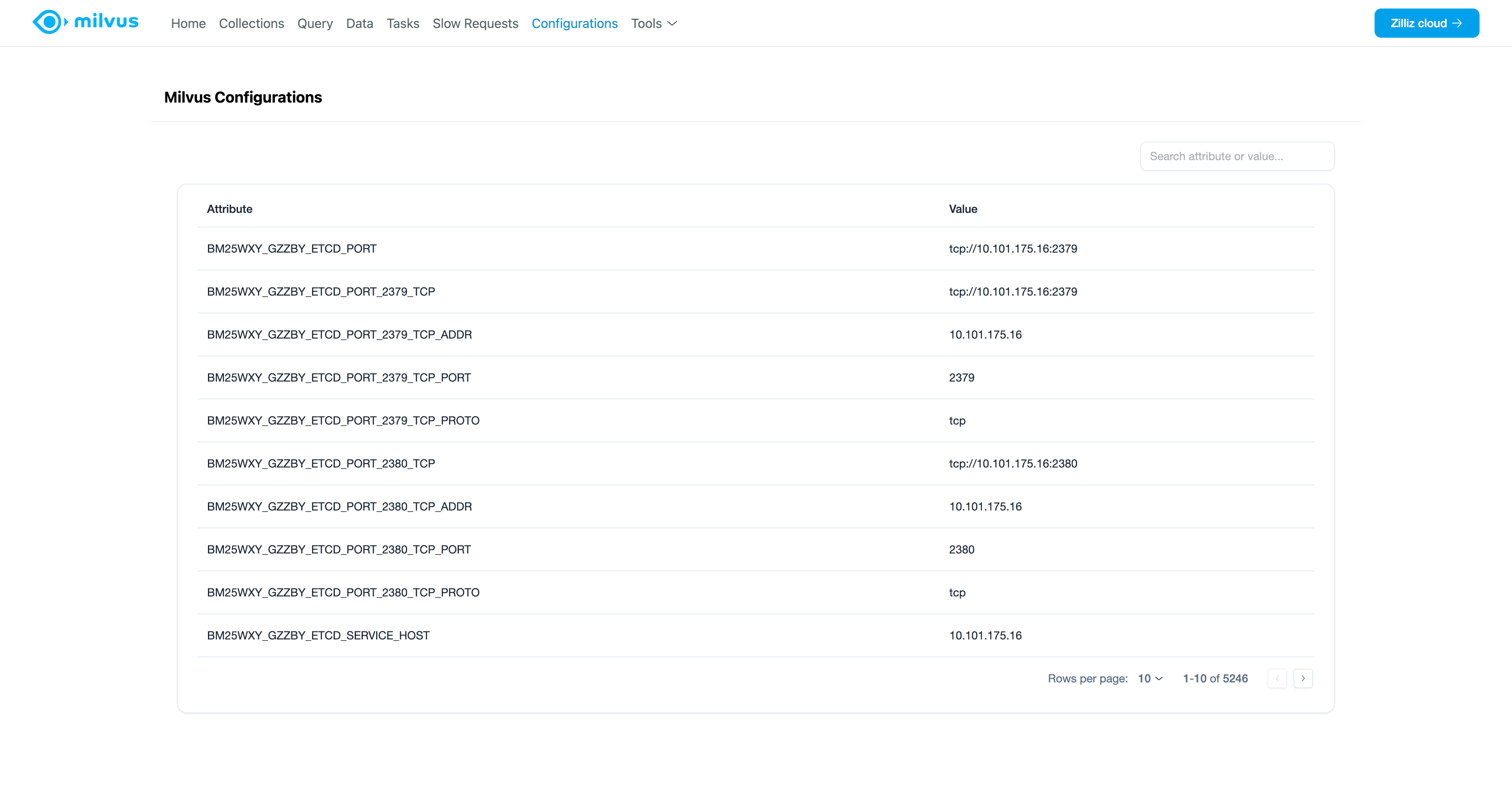 Milvus Web UI Configurations Page