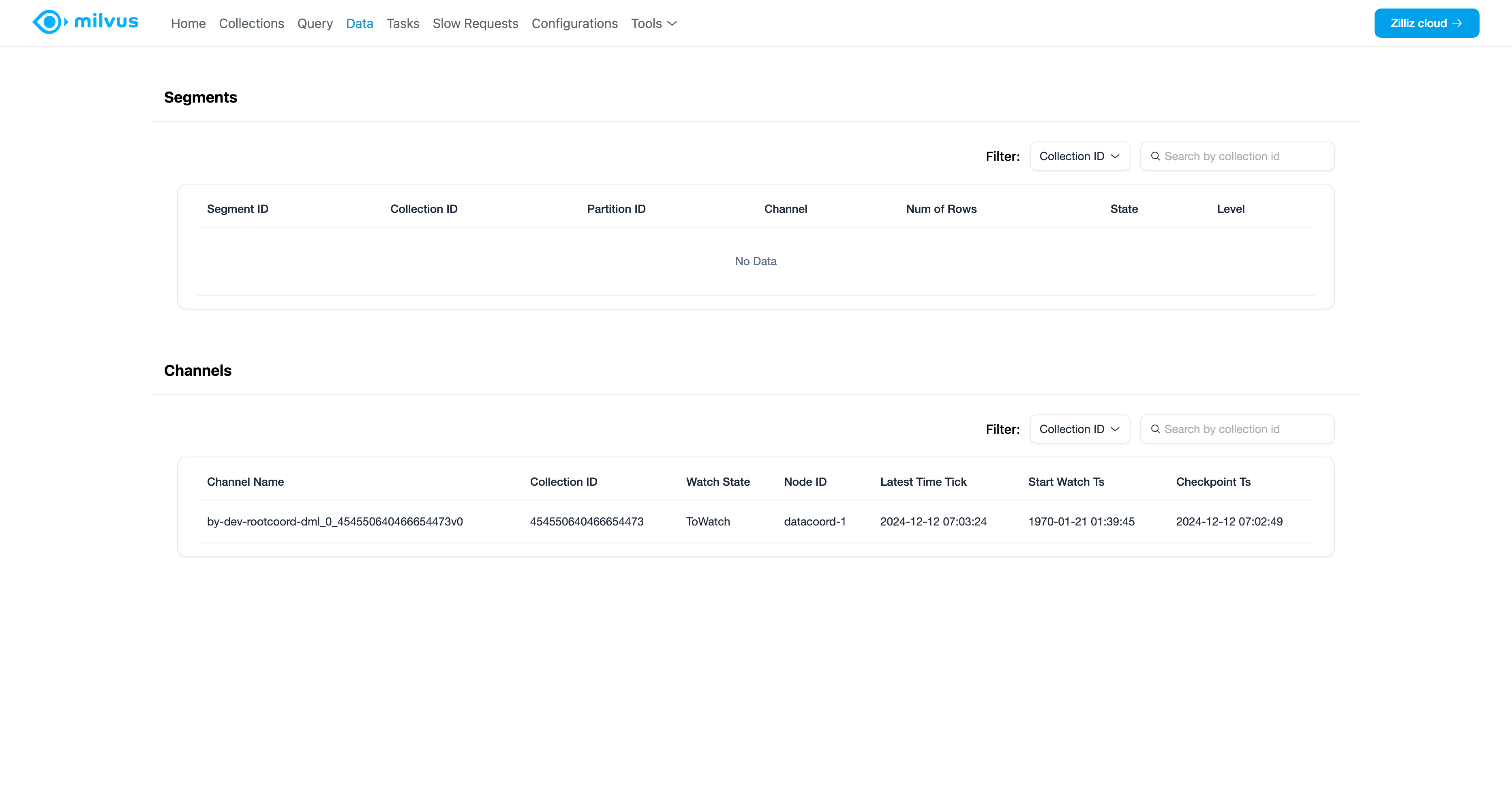 Milvus Web UI Data Page