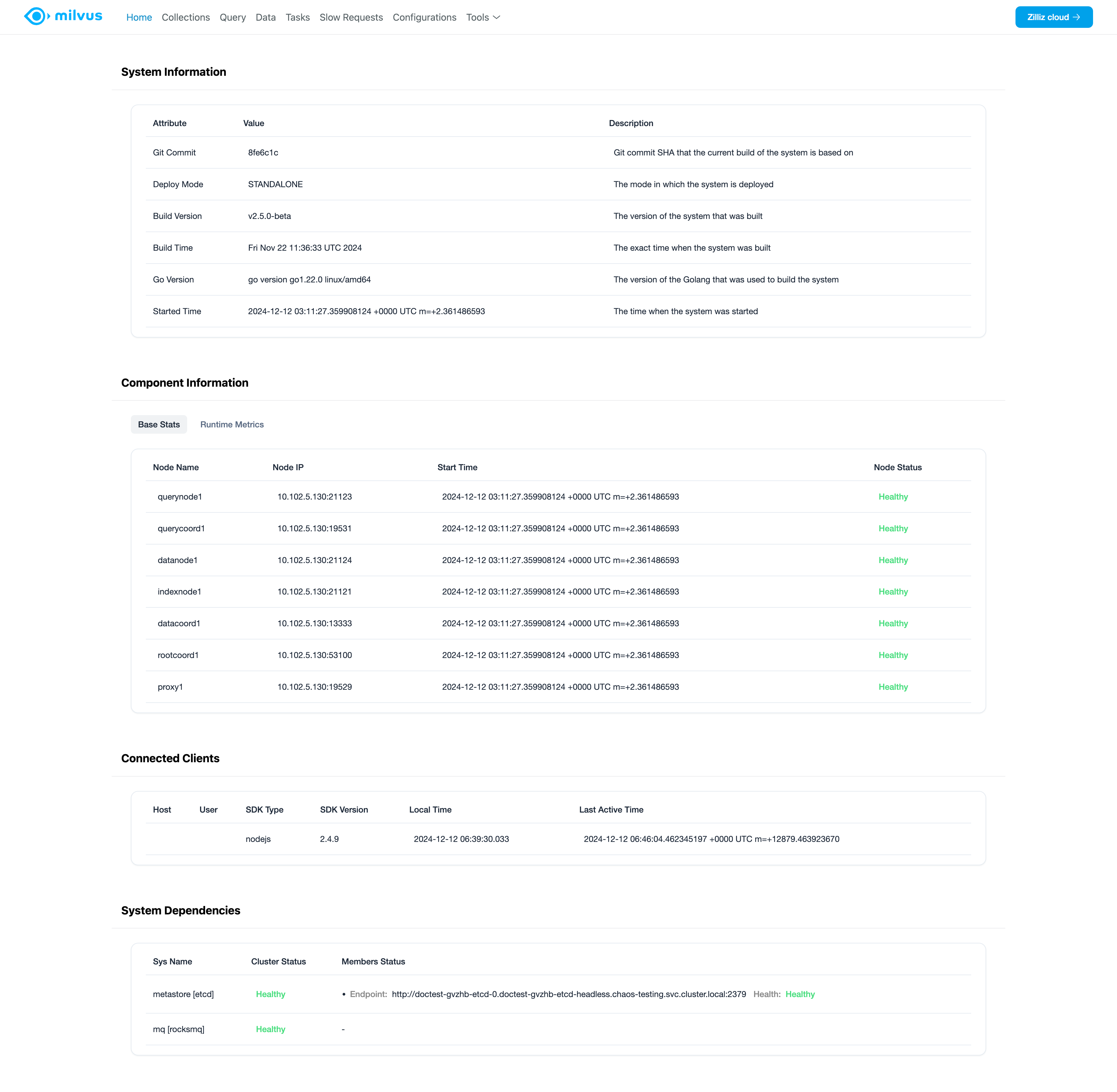 Milvus Web UI Home