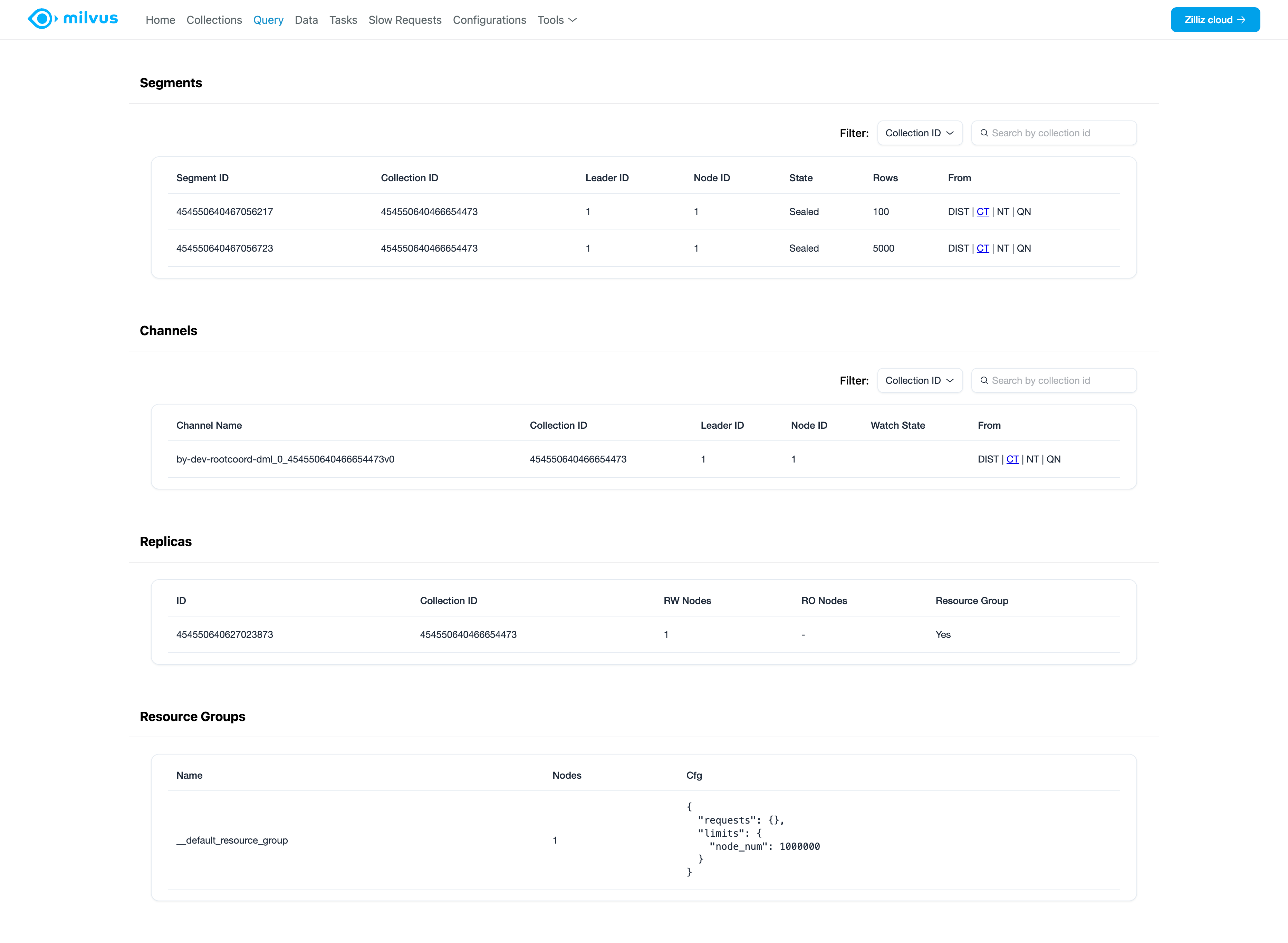 Milvus Web UI Query Page