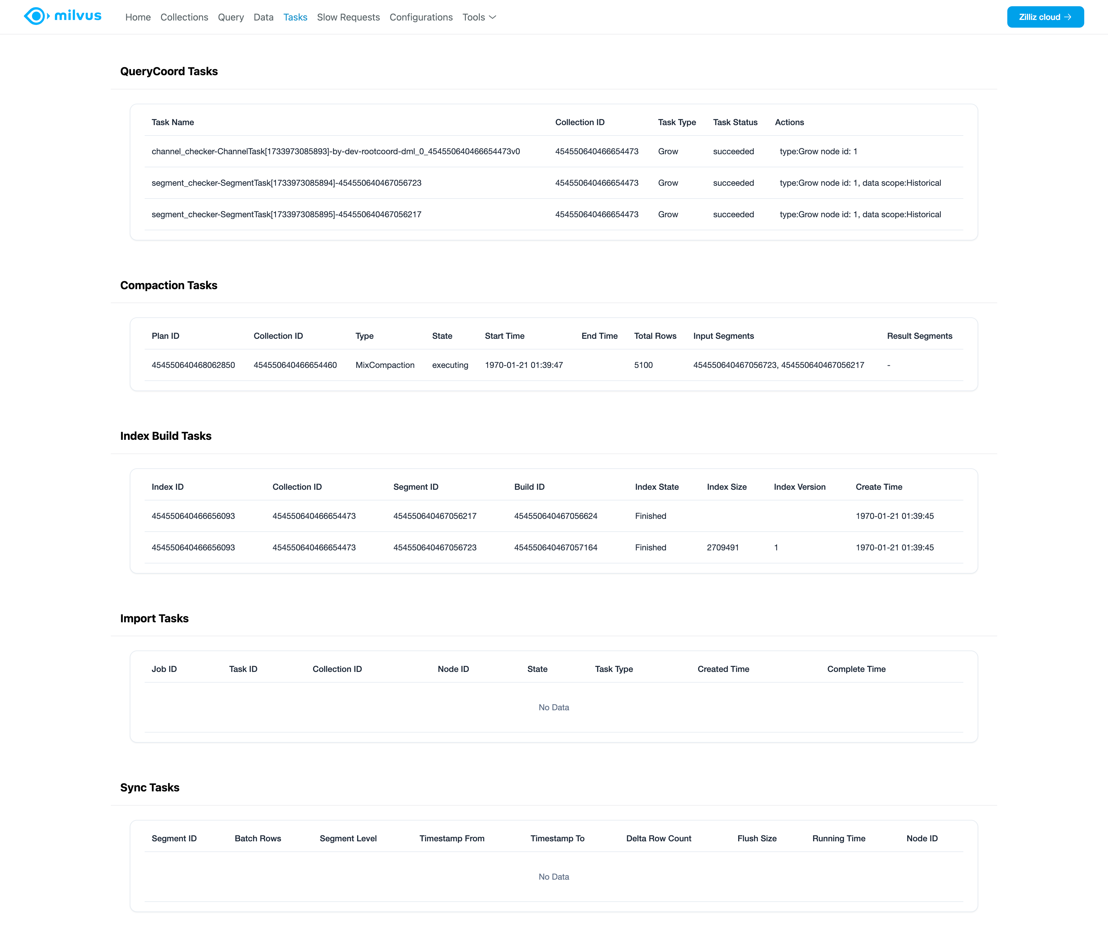 Milvus Web UI Tasks Page